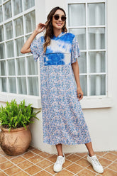 Robe à capuche à manches flottantes et motif floral tie-dye